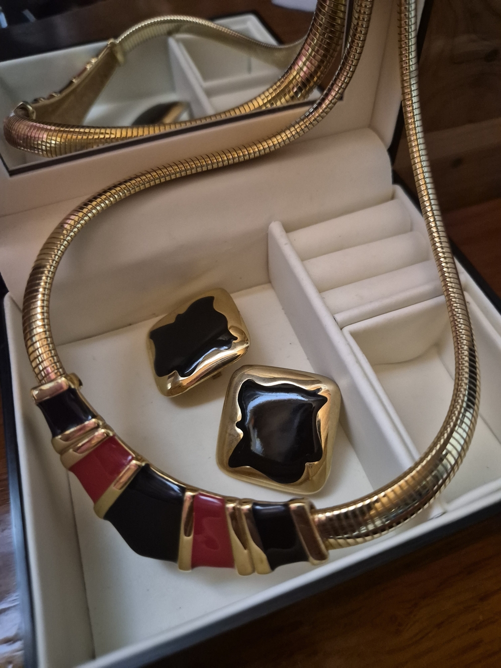 Napier Gold-Tone Necklace and Clip-On Earrings with Black and Red Enamel